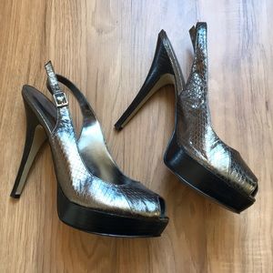 Enzo Angiolini Peep Toe Pewter Heels